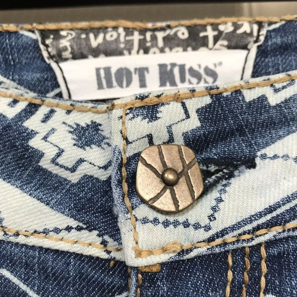 Hot Kiss Skinny Lily Blue White Aztec Pattern Jeans Size 1 Good Worn Condition - Picture 3 of 11